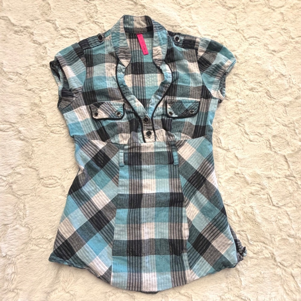 Y2K 2000s Heart Soul Plaid Blouse Empire Waist Indie Sleaze Juniors Small